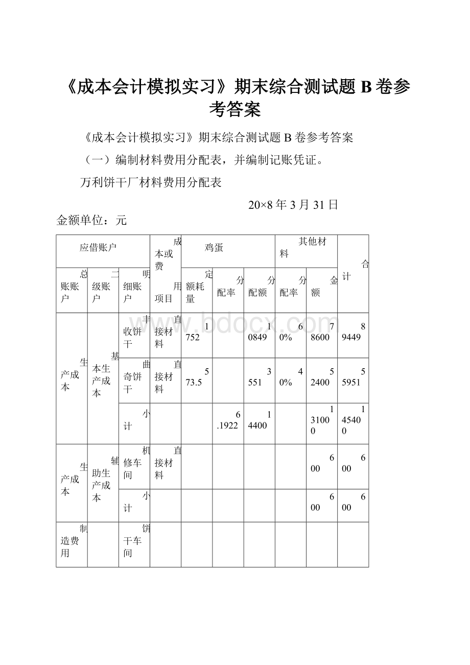 《成本会计模拟实习》期末综合测试题B卷参考答案.docx