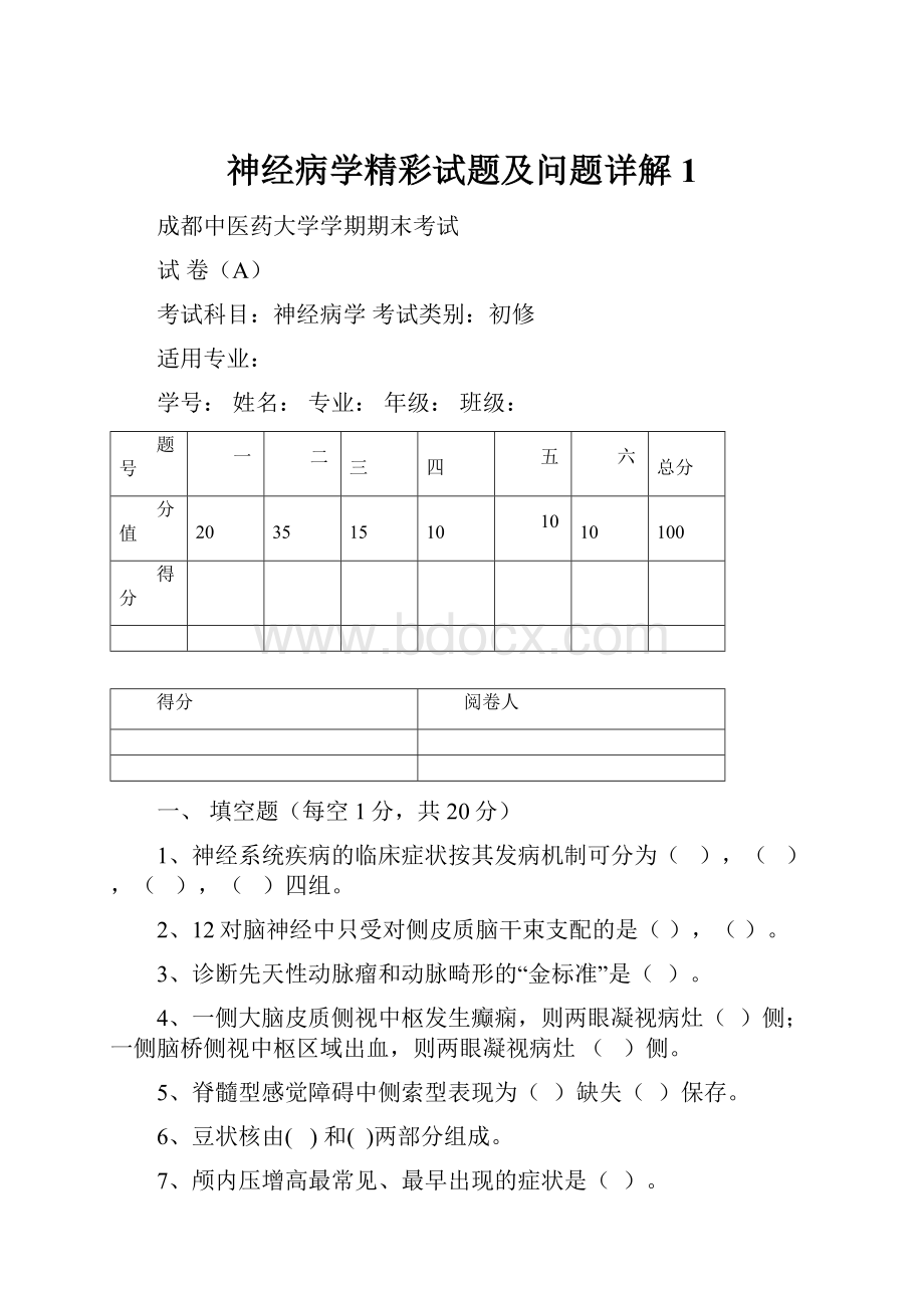 神经病学精彩试题及问题详解1.docx