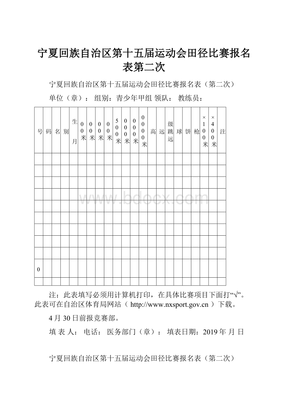 宁夏回族自治区第十五届运动会田径比赛报名表第二次.docx