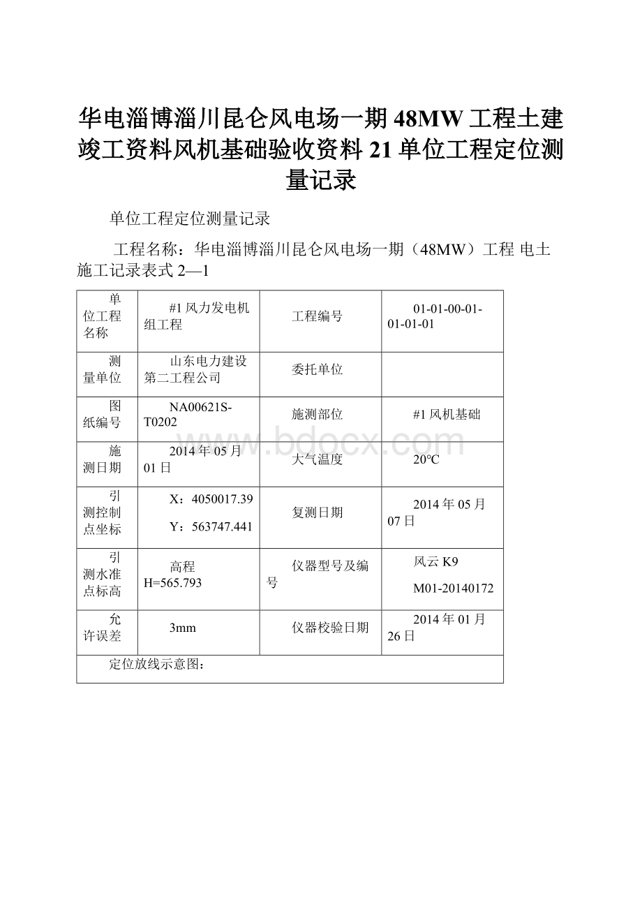 华电淄博淄川昆仑风电场一期48MW工程土建竣工资料风机基础验收资料21单位工程定位测量记录.docx