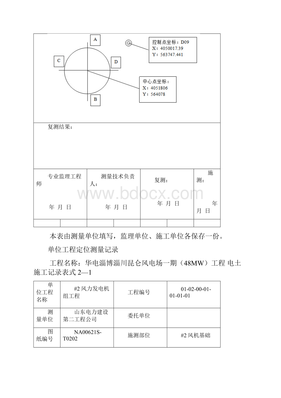 华电淄博淄川昆仑风电场一期48MW工程土建竣工资料风机基础验收资料21单位工程定位测量记录.docx_第2页