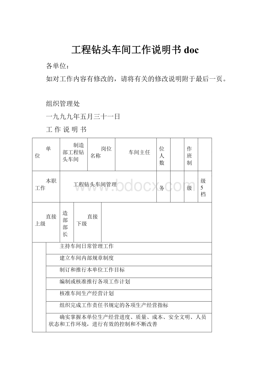 工程钻头车间工作说明书doc.docx