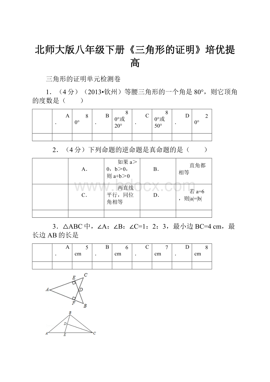 北师大版八年级下册《三角形的证明》培优提高.docx