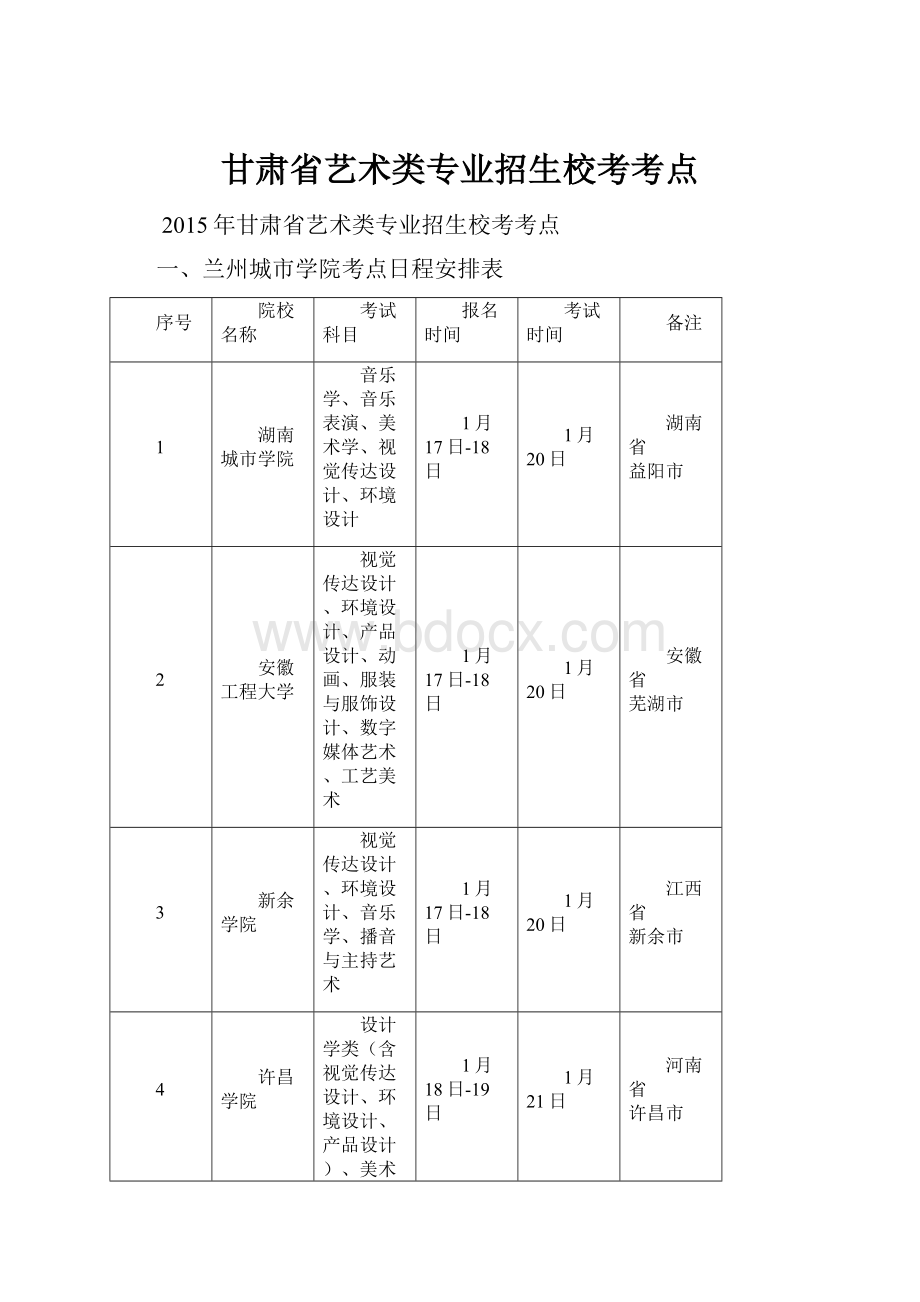 甘肃省艺术类专业招生校考考点.docx