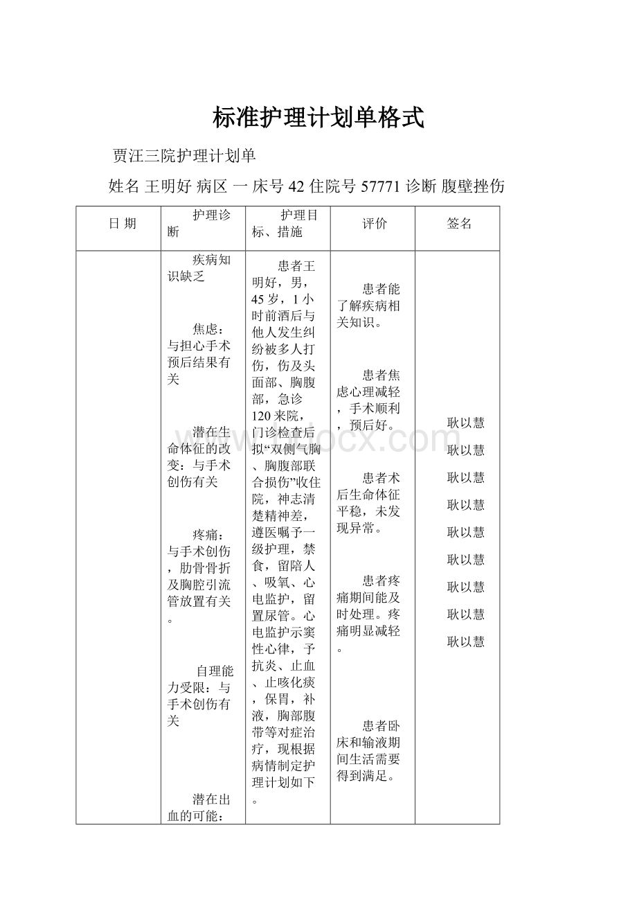 标准护理计划单格式.docx