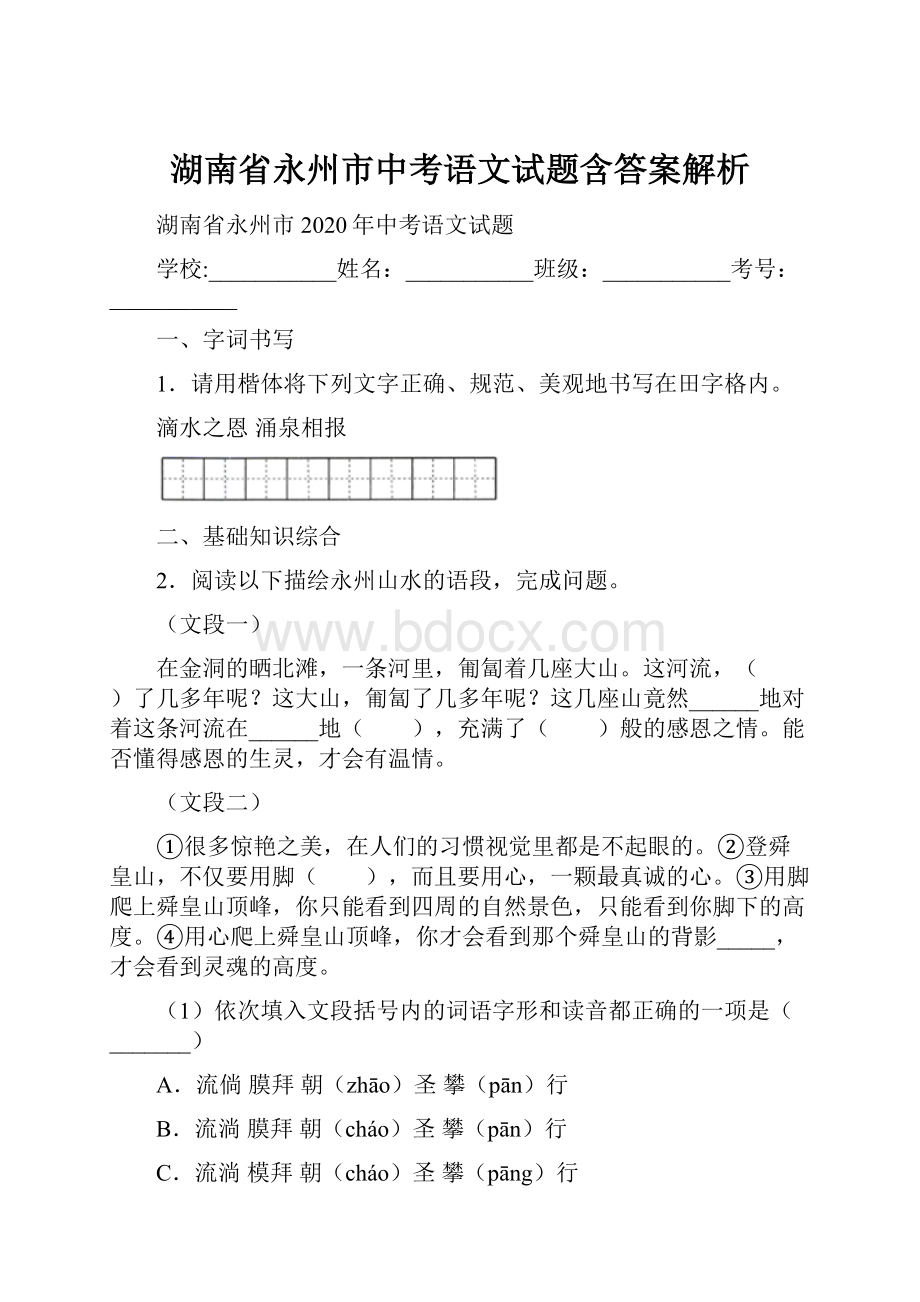 湖南省永州市中考语文试题含答案解析.docx