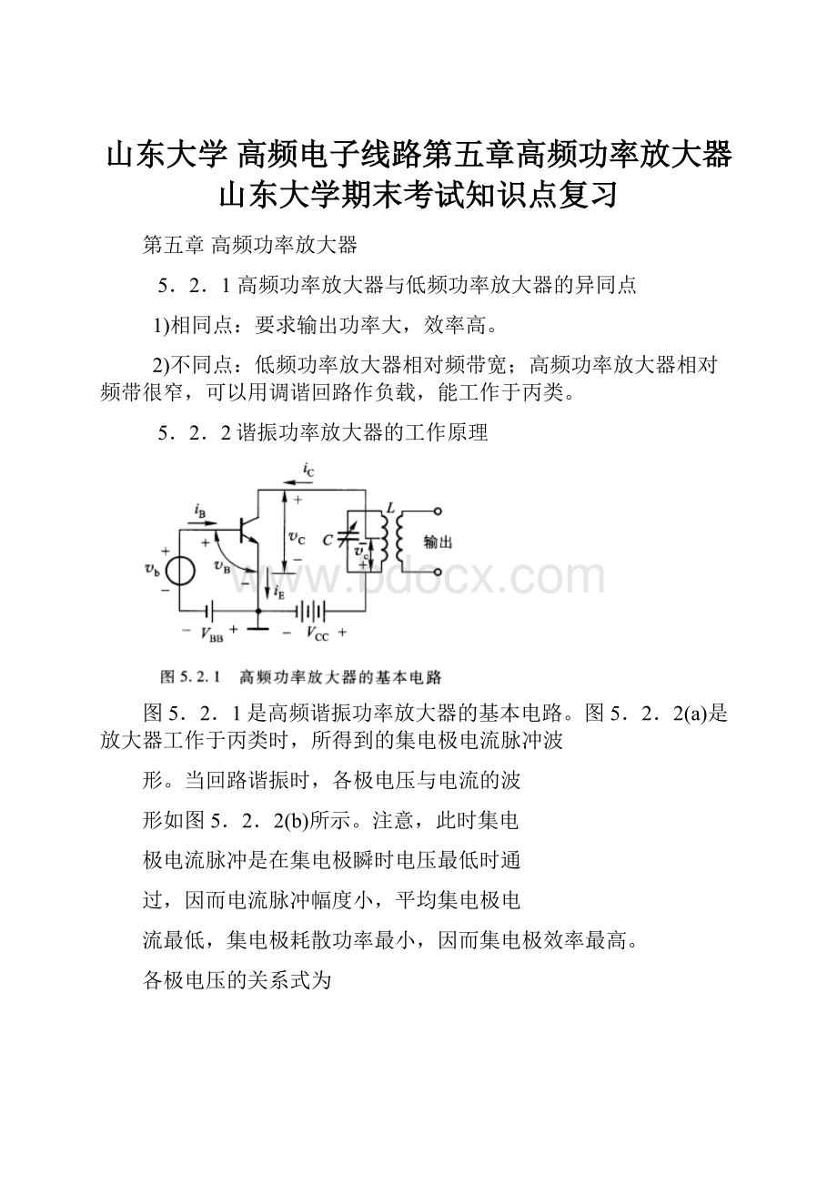 山东大学 高频电子线路第五章高频功率放大器山东大学期末考试知识点复习.docx