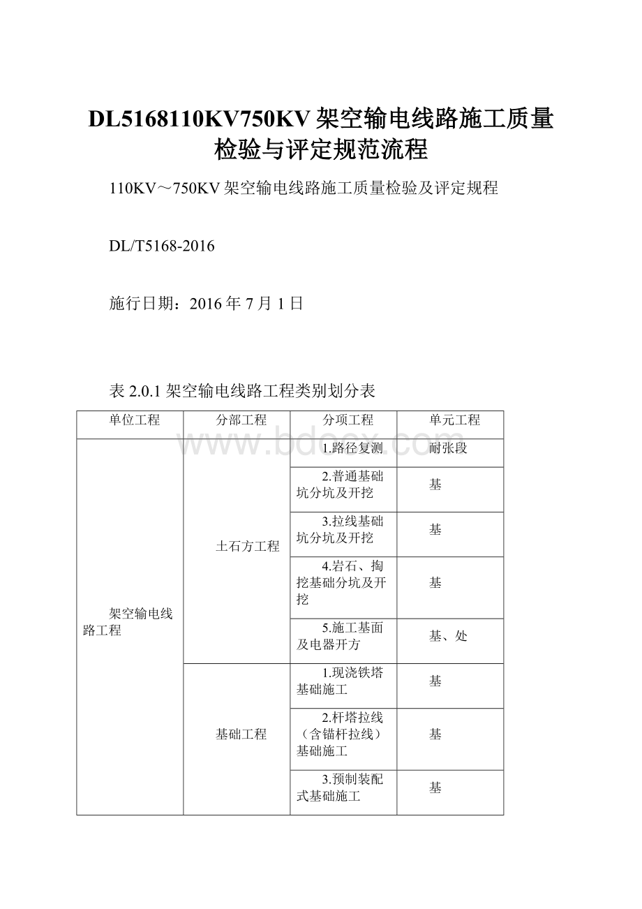 DL5168110KV750KV架空输电线路施工质量检验与评定规范流程.docx