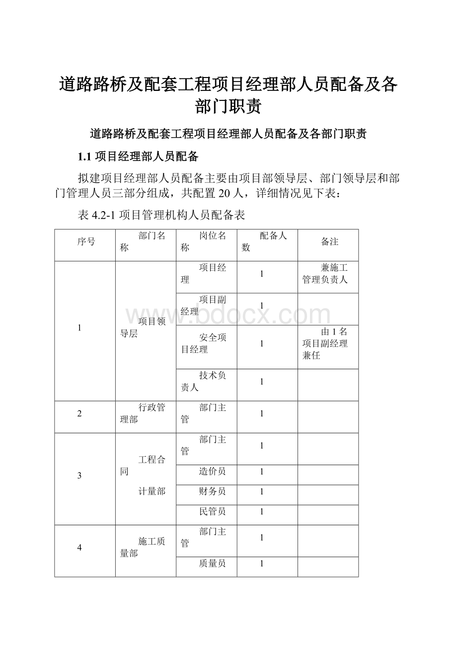 道路路桥及配套工程项目经理部人员配备及各部门职责.docx