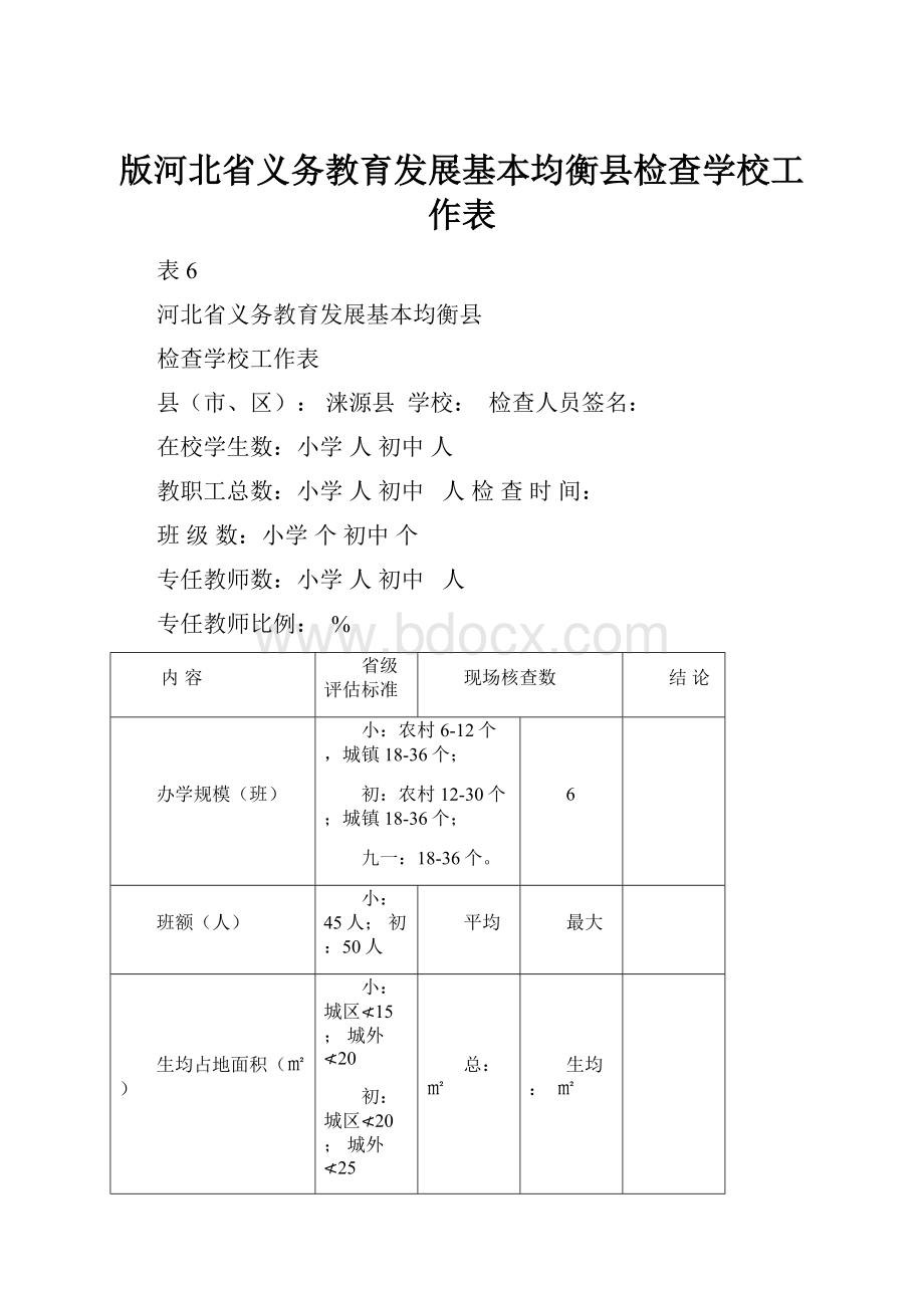 版河北省义务教育发展基本均衡县检查学校工作表.docx