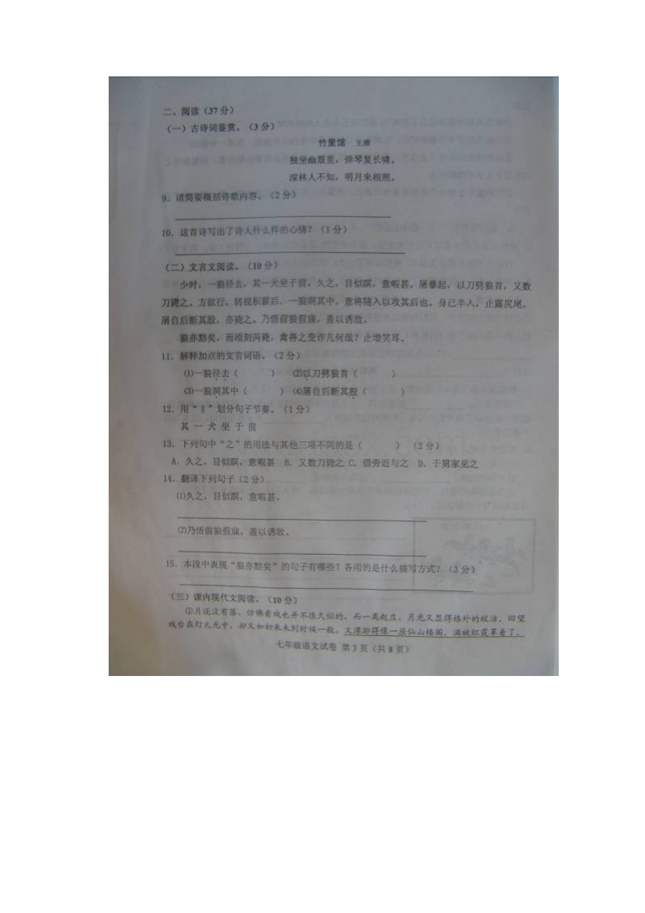 山东省邹平县学年度七年级下学期全县期末统考语文试题自拍照版含答案.docx_第3页