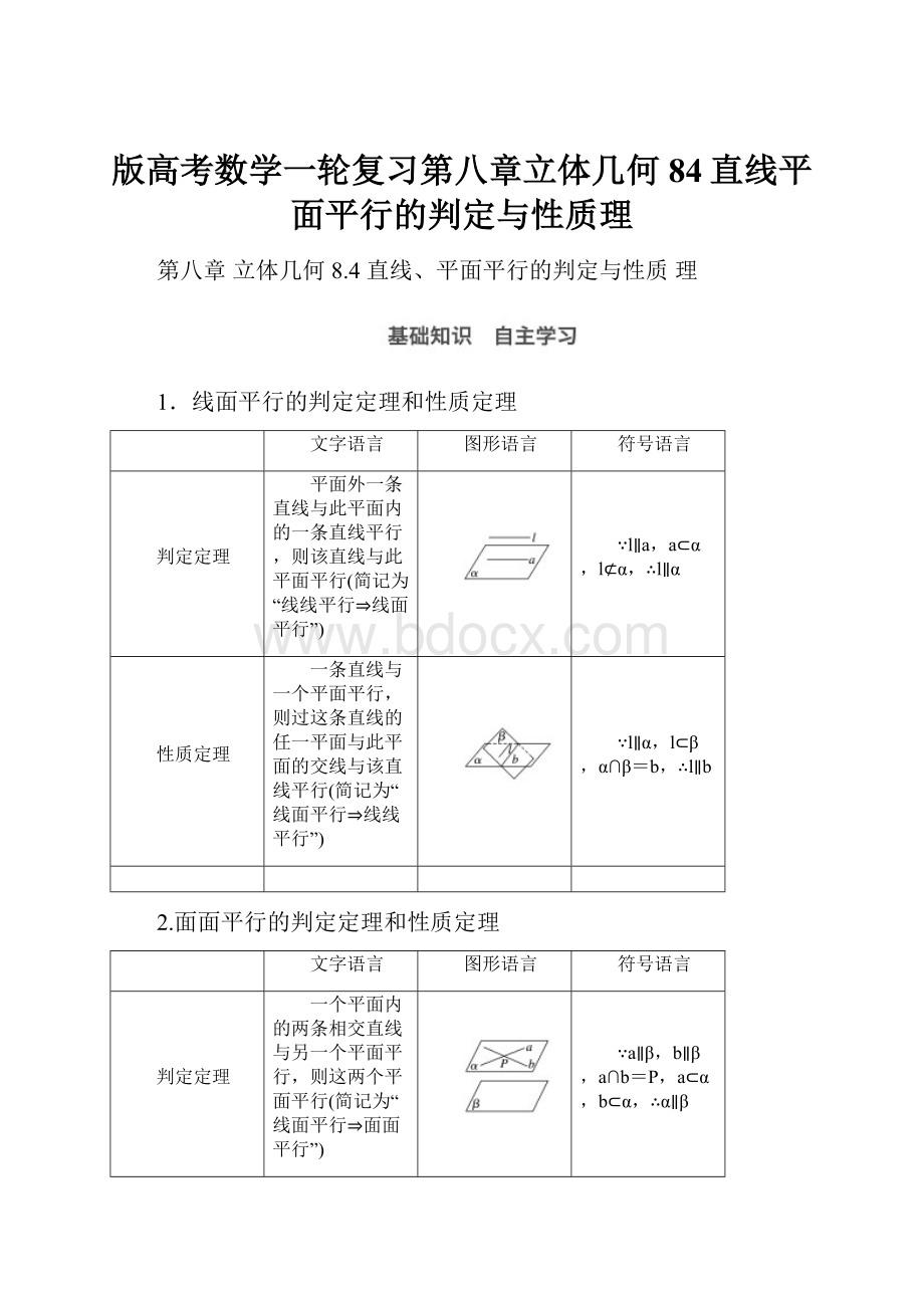 版高考数学一轮复习第八章立体几何84直线平面平行的判定与性质理.docx