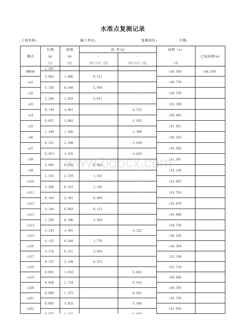 水准点复测记录(自动计算表) ..xls_第1页