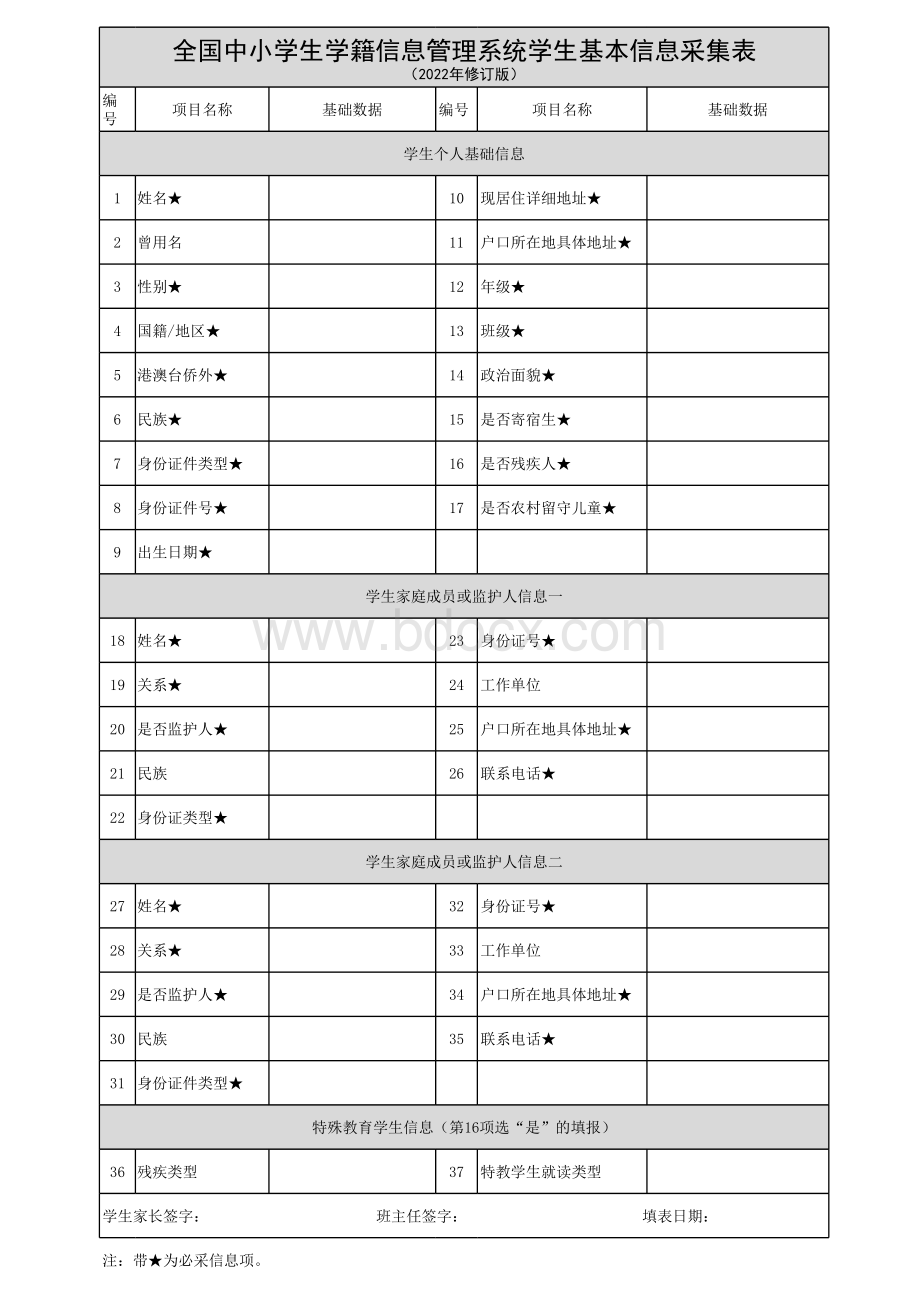 全国中小学生学籍信息管理系统学生基本信息采集表(2022修订版).xlsx