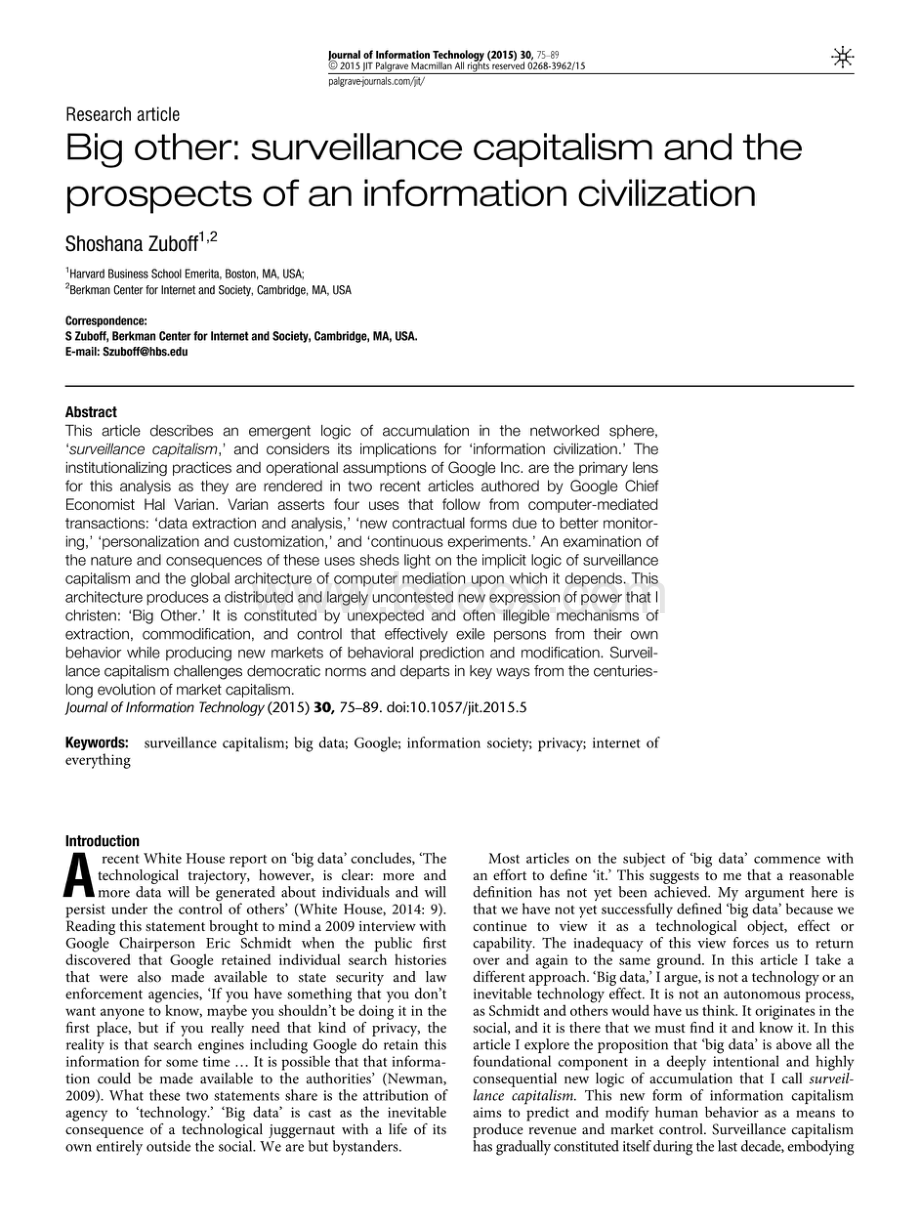 big other surveillance capitalism and the prospects of an information civilization.pdf_第1页