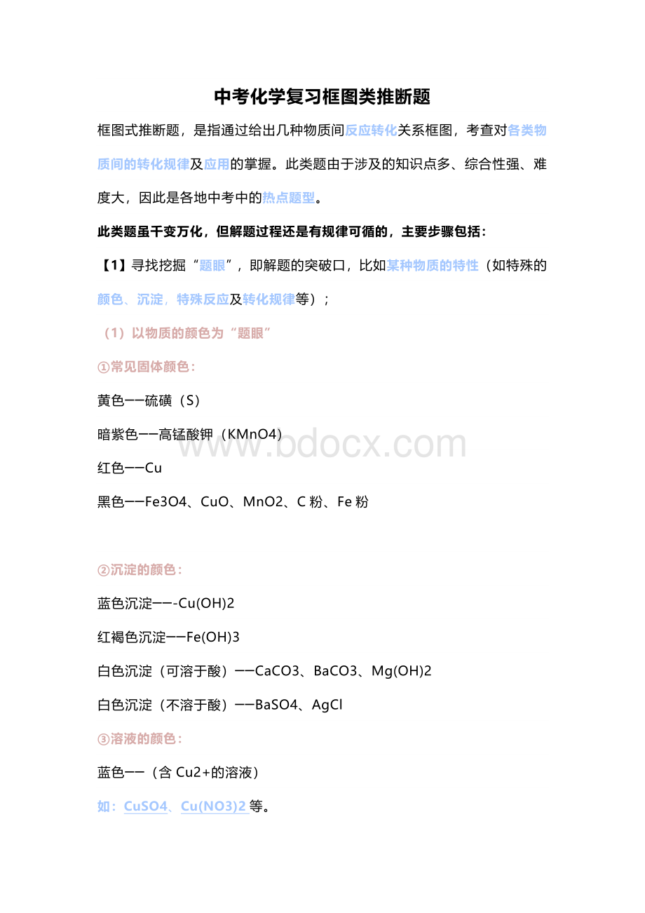 初中化学考试复习框图类推断题.docx