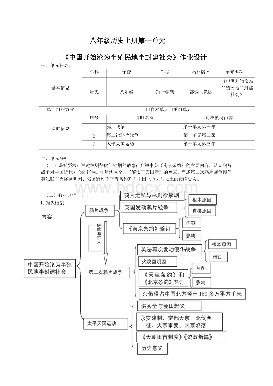 双减背景下新课标单元整体作业分层设计案例 人教版初中历史八年级上册 第一单元 中国开始沦为半殖民地半封建社会.docx