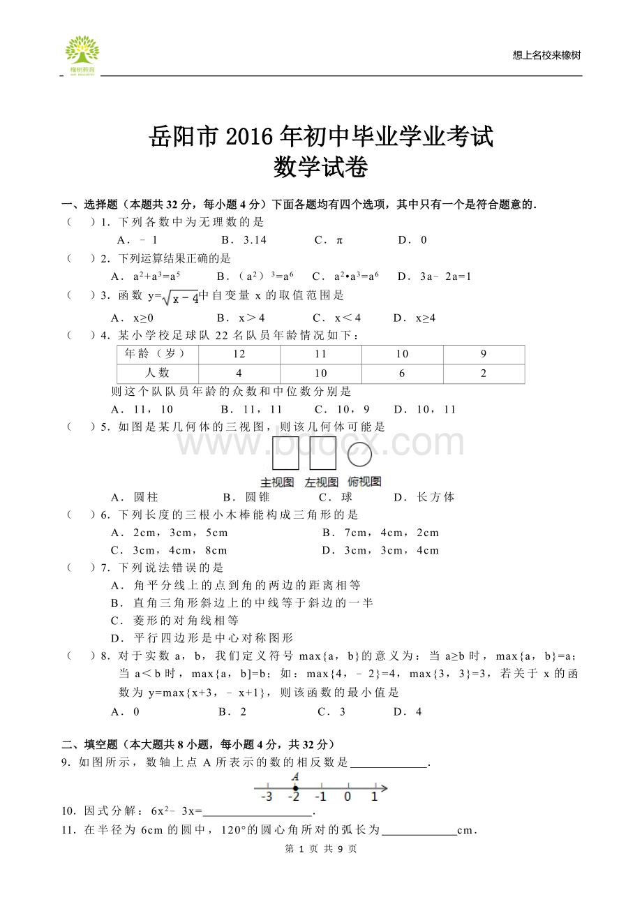 年湖南省岳阳市中考数学试卷及答案.doc