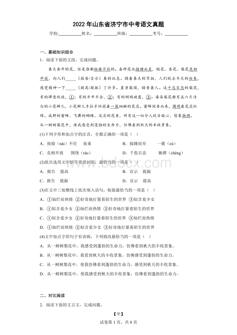 2022年山东省济宁市中考语文真题(解析版).pdf