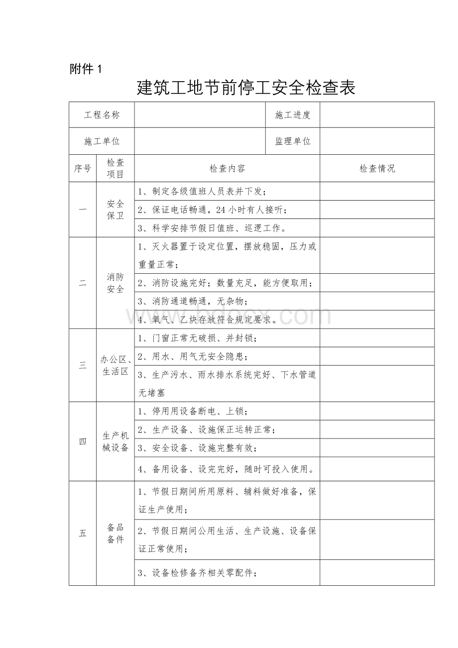 建筑工地节前停工安全检查表.docx