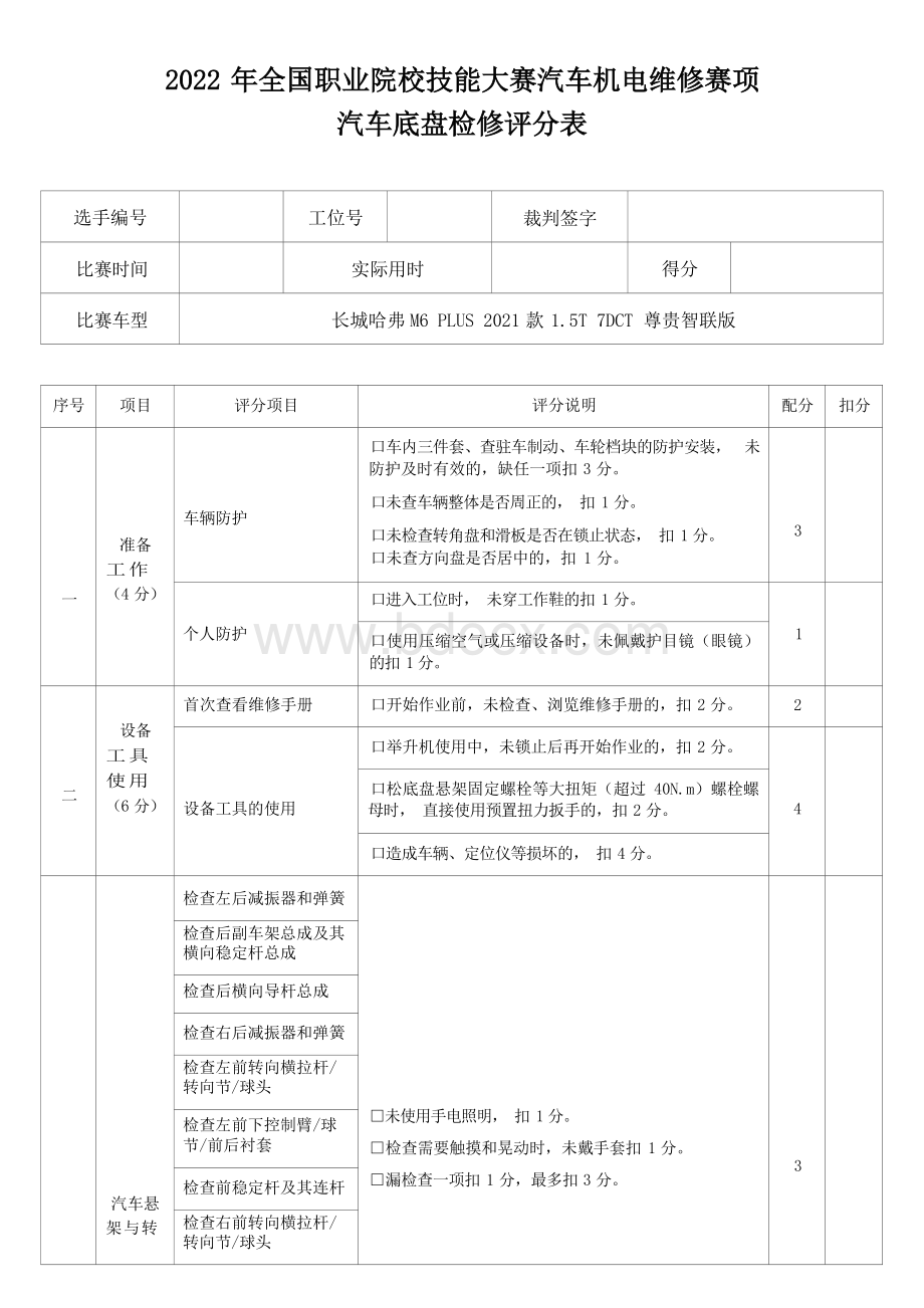 职业院校技能大赛任务4：汽车底盘检修评分表.docx