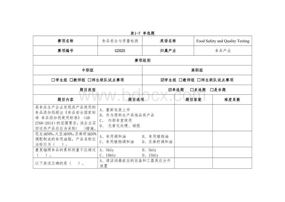 （全国23高职职业技能比赛）GZ025食品安全与质量检测赛题第7套.docx