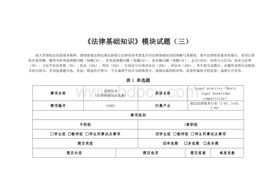 （全国职业技能比赛：高职）GZ062法律实务赛题第3套（第一模块）.docx