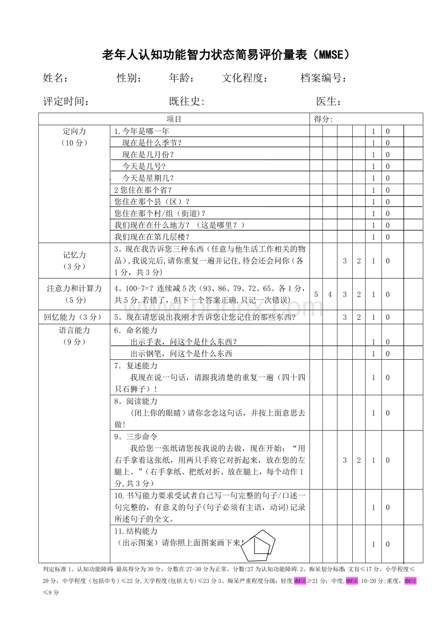 老年人认知功能智力状态简易评价量表(MMSE).doc