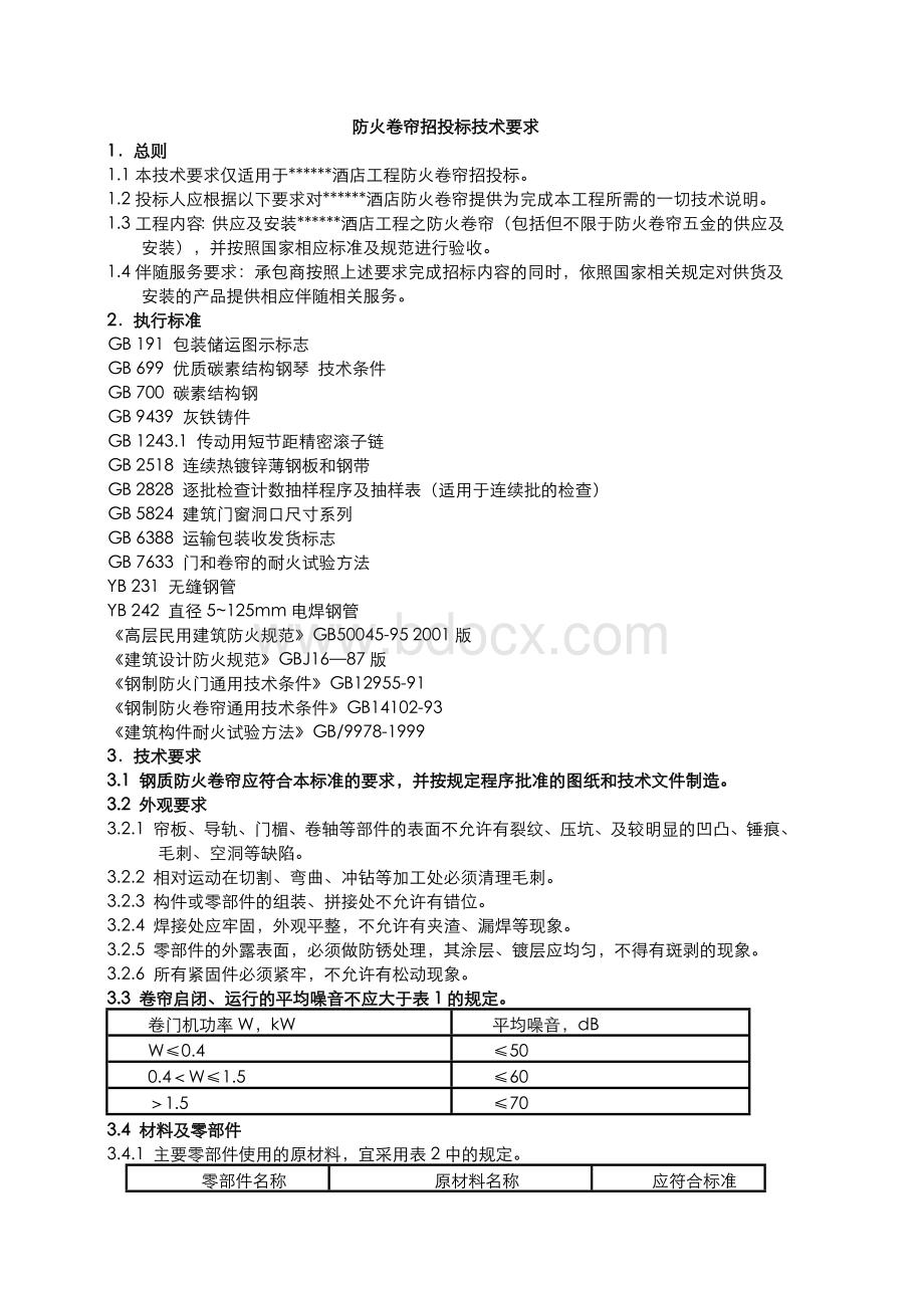 酒店工程防火门、防火卷帘招投标技术要求.doc