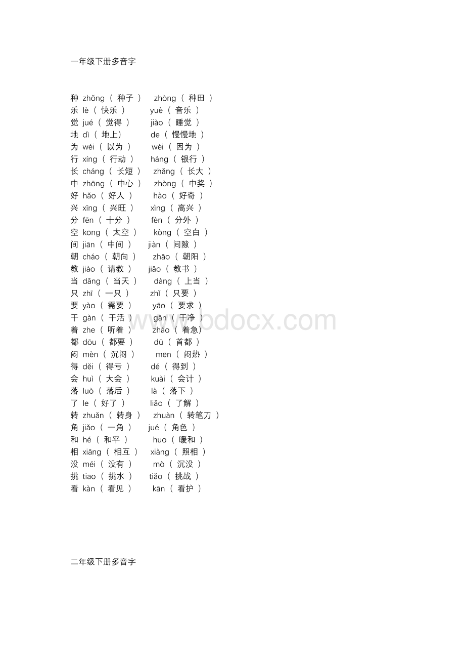 小学语文1-6年级（下册）全册多音字汇总.docx