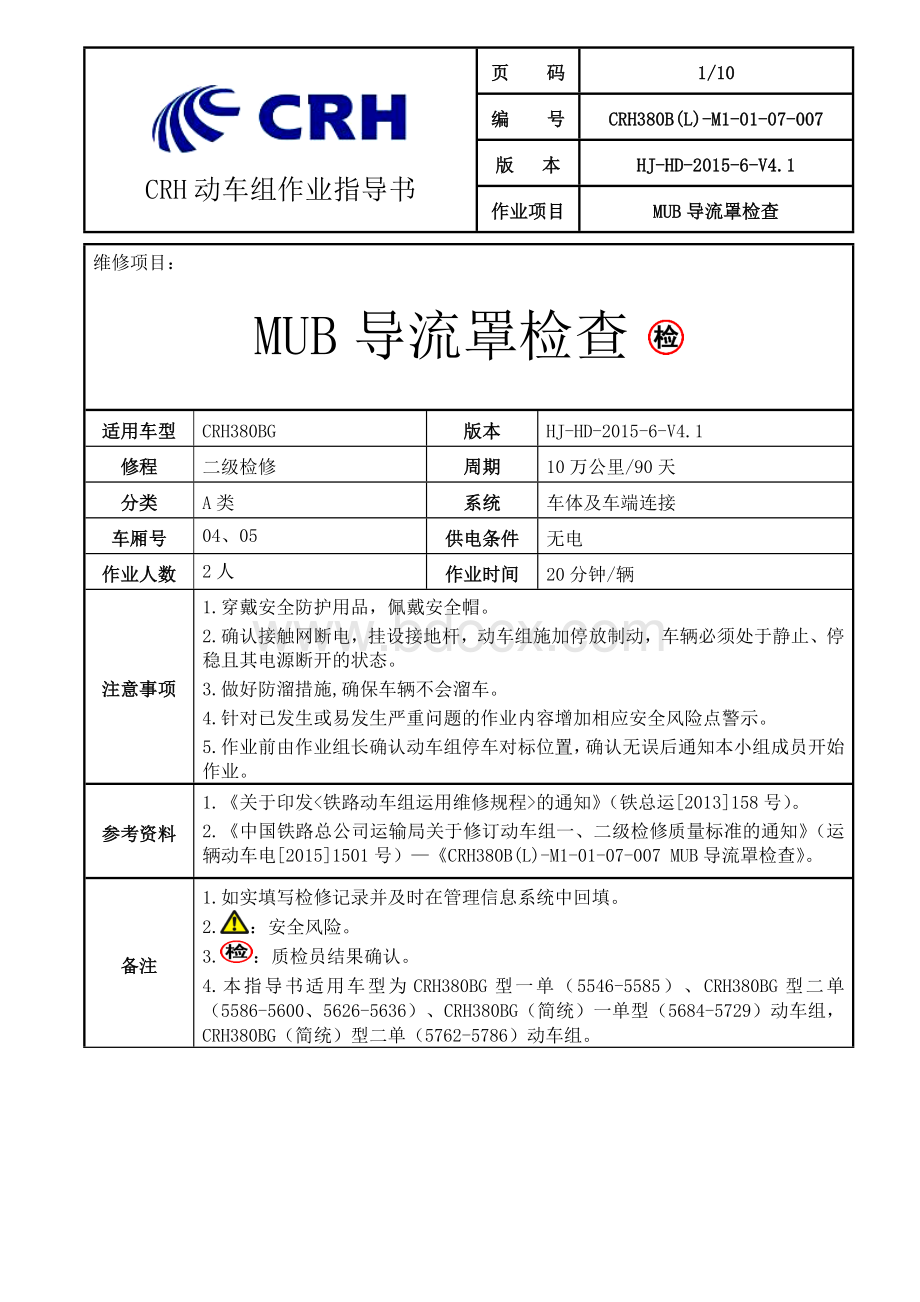 铁路动车组作业指导书--CRH380BL-M1-01-07-007MUB导流罩检查.doc