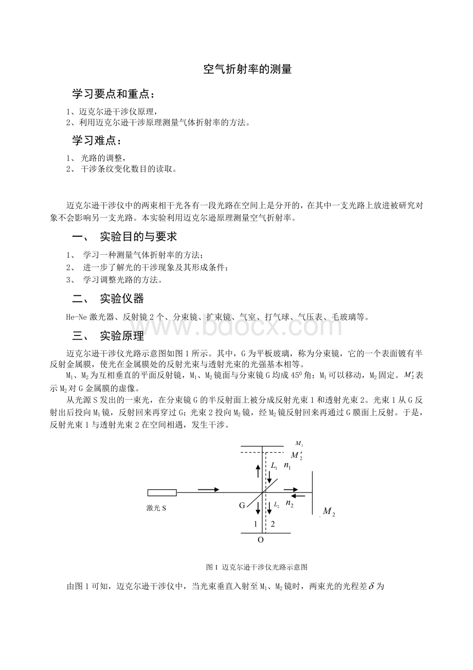 迈克尔逊干涉仪测量空气折射率.doc