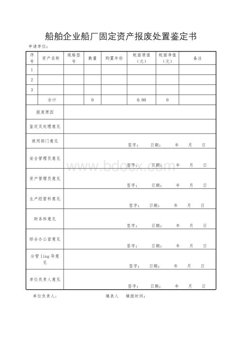 船舶企业船厂固定资产报废处置鉴定书式样.doc