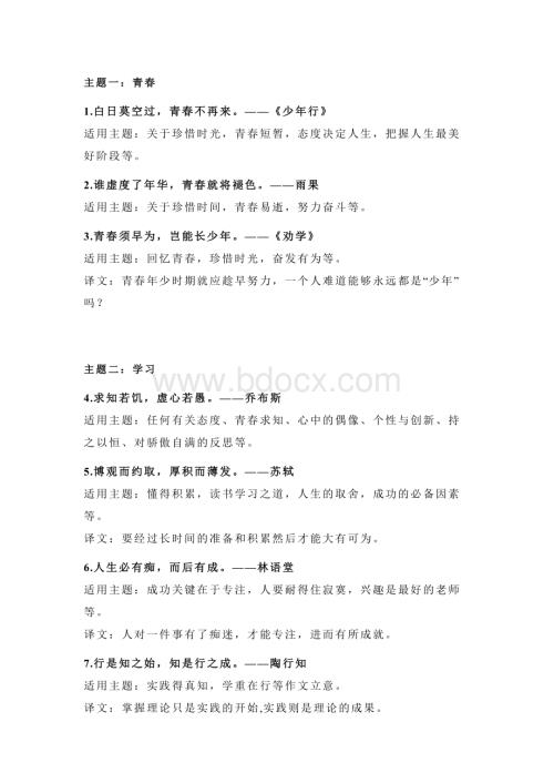 初中语文作文素材：42个高级且实用的主题短句.docx
