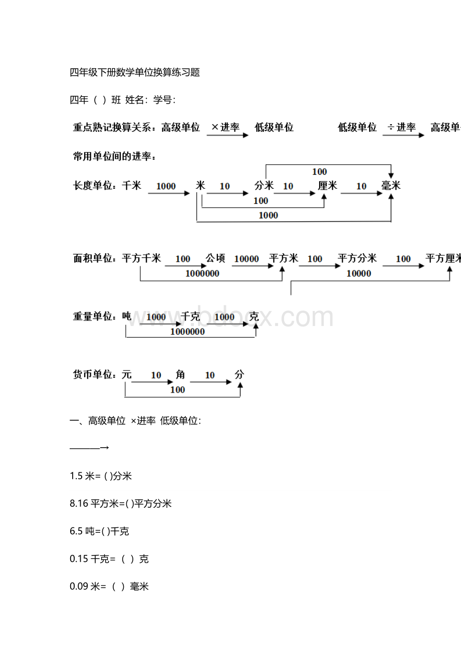 四年级下册数学单位换算习题.docx_第1页